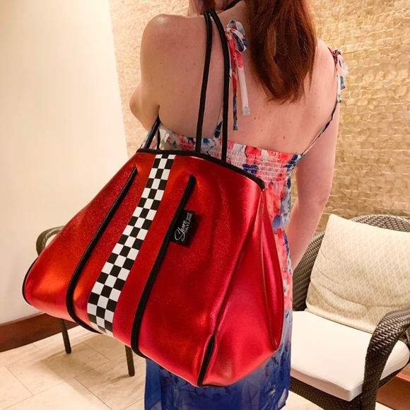 Neoprene Racer Tote Bag Purse - Ruby Red + black & white checks w/ silver + more - Picture 5 of 7